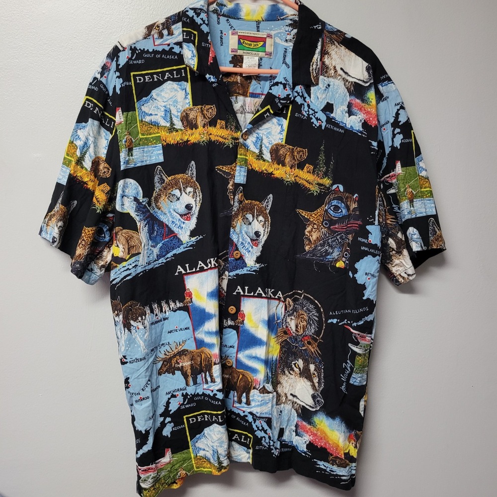 Banana Jack Alaska Hawaiian Shirt Wolves Bears Map Print Mens‎ XL Button Up